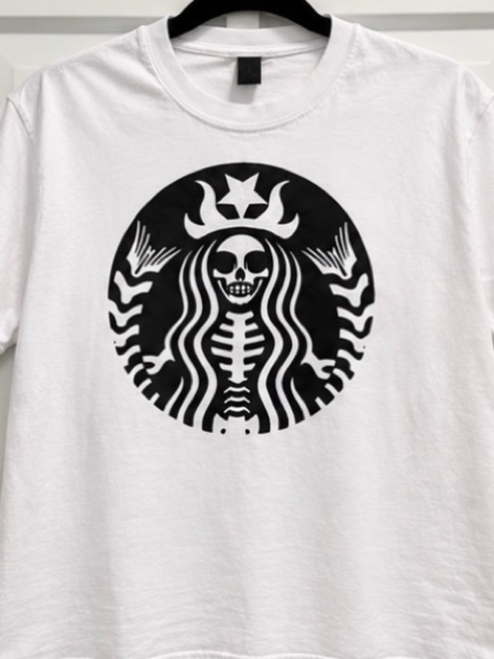 Gildan White Short Sleeve Tee with Black Skeleton Siren Graphic